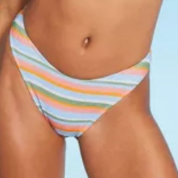 NWT Wild Women's High Leg Cheeky Bikini Bottom - Multi Lurex  Striped Size XXS - Picture 4 of 12